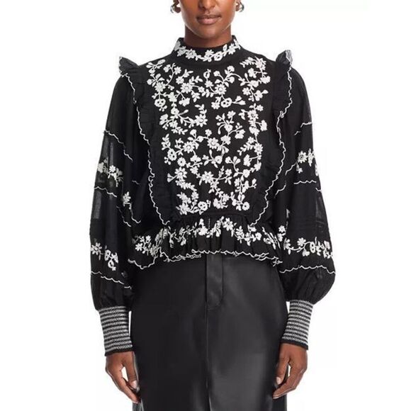 Farm Rio Women's Black White Embroidered Ruffle Long Sleeve Blouse Small NWOT - Picture 7 of 15